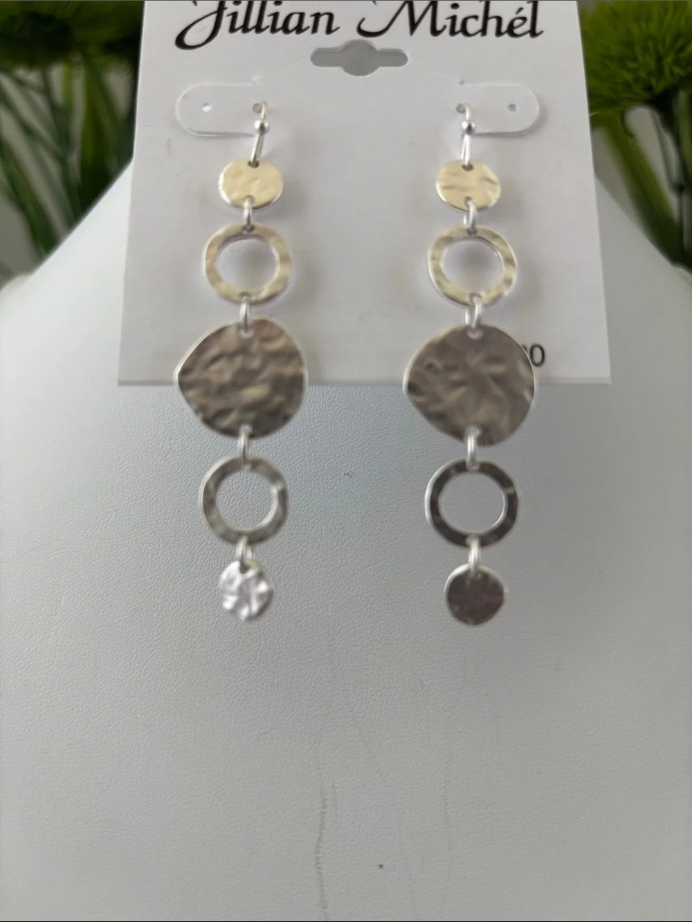 Jillian Michel hammered silvertone metal circular rings & discs,dangle,fishhook